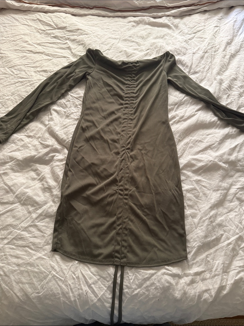PrettyLittleThing Olive Green Off-Shoulder Long Sleeve Dress